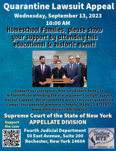 Rochester, New York - Sep 13, 2023  -  Quarantine Lawsuit Appeal
