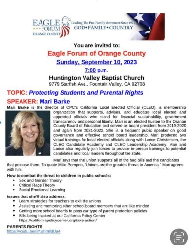 Fountain Valley, California - Sep 18, 2023 - Eagle Forum - Protest Students and Parental Rights