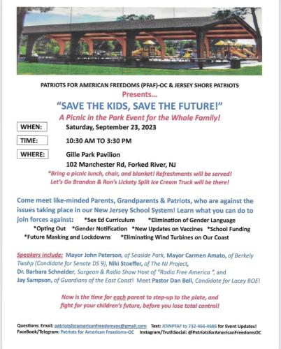 Forked River, New Jersey - Sep 23, 2023 - Patriots for American Freedom Presents Save the Kids, Save the Future