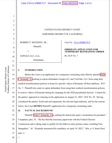 Case No. 23-CV-03880-TLT Lists John F Kennedy Jr. As Plaintiff Running For President