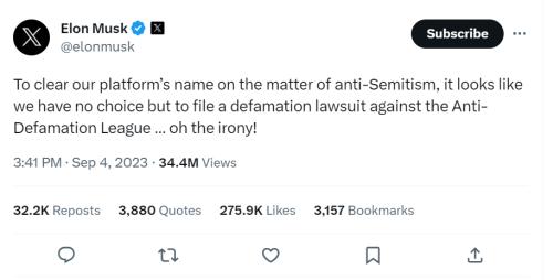 Elon Musk threatens ADL with lawsuit