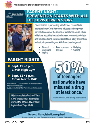 Clovis, California - Sep 11 & 13, 2023 - Parent Night - Drug Prevention