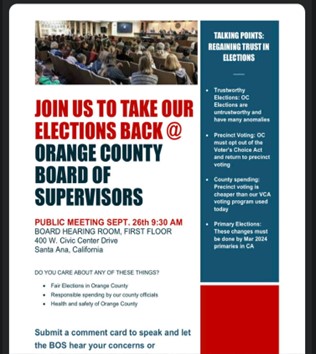 Orange, California - Sep 26, 2023 - Take Our Elections Back- Orange County Board of Supervisor Meeting