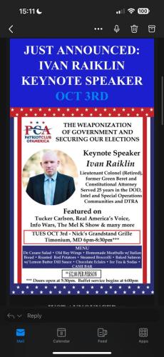 Timonium, Maryland - Oct 3, 2023 - Patriot Club of America - Speaker Ivan Raiklin