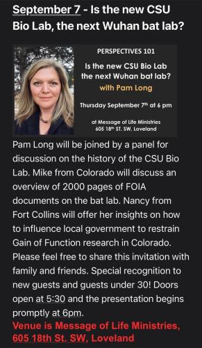 Loveland, Colorado - Sep 7, 2023 - Is the New CSU Bio Lab the Next Whan Bat Lab - Pam Long
