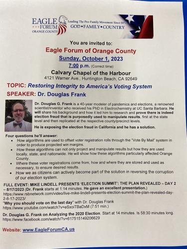 Huntington Beach, California - Oct 1, 2023 - Eagle Forum - Restoring Integrity to America's Voting System