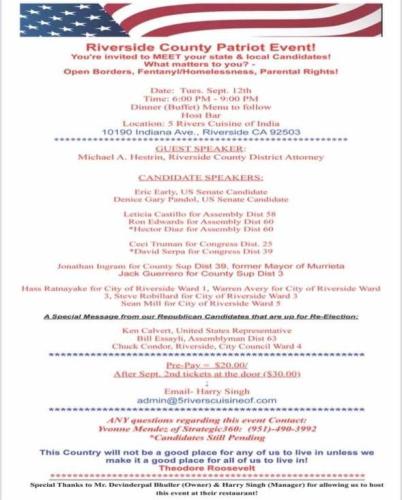 Riverside, California - Sep 12, 2023 - Riverside County Patriot Event - Meet Your State and Local Candidates