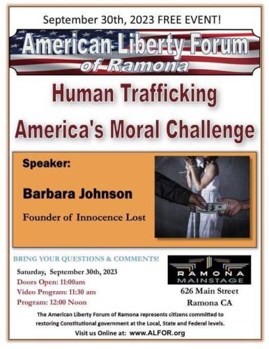 Ramona, California - Sep 30, 2023 - American Liberty Forum - Human Trafficking America's Moral Challenge