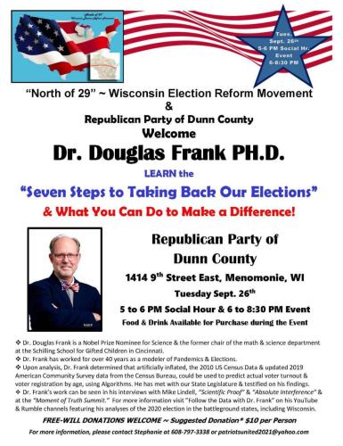 Menomonie, Wisconsin - Sep 26, 2023 - Republican Party of Dunn County Presents Dr. Douglas Frank - Election Election Integrity Expert