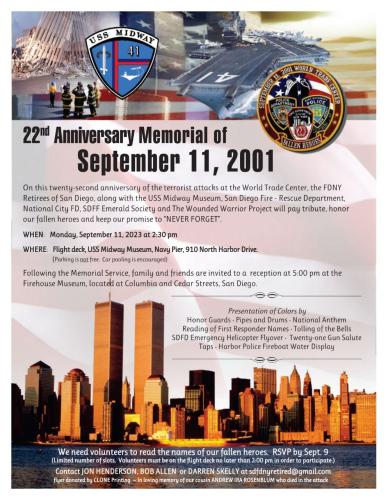 San Diego, California - Sep 11, 2023 - Anniversary Memorial of Sep 11, 2001