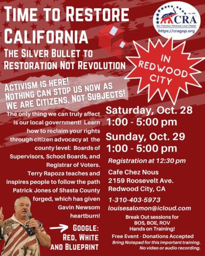Redwood City, California - Oct 28, 2023 - Time to Restore California