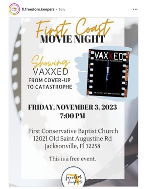 Jacksonville, Florida - Nov 3, 2023 - Freedom Keepers - First Coast Movie Night - Vaxxed - From Cover-up to Catastrophe