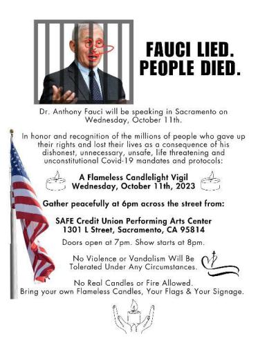 Sacramento, California - Oct 11, 2023 - Flameless Candlelight Vigil to Protest Fauci Speaking in Sacramento