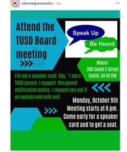 Tustin, California - Oct 9, 2023 - School Board Meeting - Support Parent Notification Policy