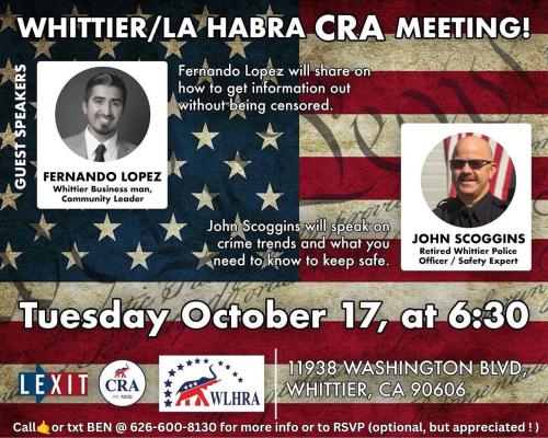 Whittier, California - Oct 17. 2023 - Whittier and La Habra CRA Meeting