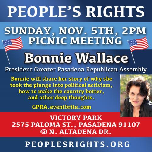 Pasadena, California - Nov 5, 2023 - People's Rights Picnic Meeting - Bonnie Wallace Greater Pasadena Republican Assembly