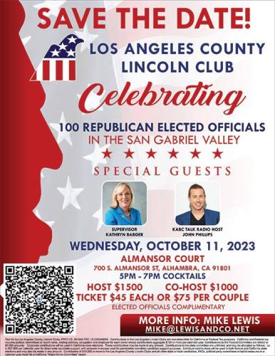 Alhambra, California - Oct 11, 2023 - Los Angeles County Lincoln Club Celebrating 100 Republican Eleted Officials in San Gabriel Valley