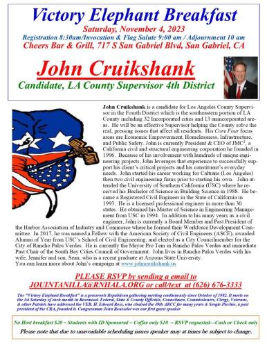 San Gabriel, California - Nov 4, 2023 - Victory Elephant Breakfast Featuring John Cruikshank, Candidate for LA County Supervisor