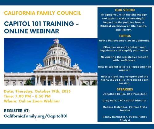 California - Online Training - Oct 19, 2023 - California Family Council - Capital 101 Training