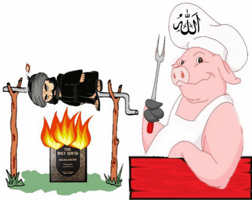 Allah the pig roasting Mohammed on a spit animation