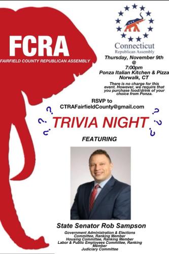 Norwalk, Connecticut - Nov 9, 2023 - Fairfiled County Republican Assembly - Trivia Night Featuring State Senator Rob Sampson