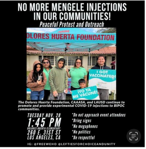 Los Angeles, California - Nov 28, 2023 - Peaceful Protest Against The Dolores Huerta Foundation for Promoting C-19 Vaccine