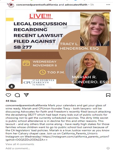 California - Instagram Live - Nov 8, 2023 - Discuss Recent Lawsuit Againt SB 277 - Vaccine Exemptions