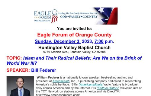 Fountain Valley, California - Dec 3, 2023 - Eagle Forum of Orange County