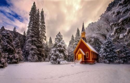 Church in forest of snow