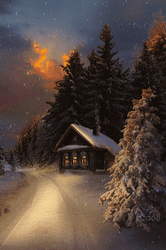 Snowfall Cabin at dusk