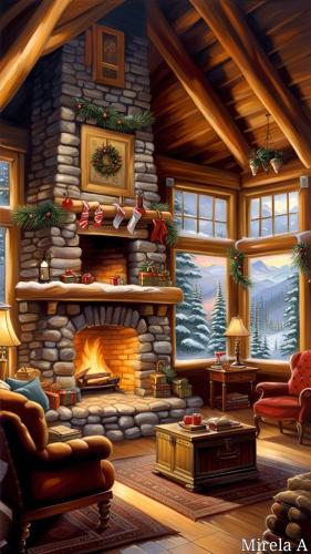 Winter fireplace cabin