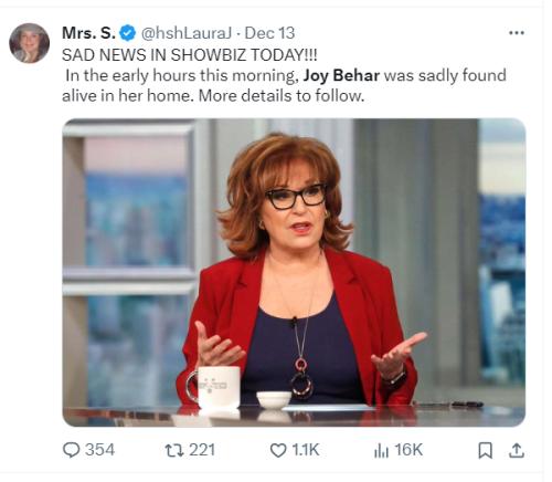 Sad News Joy Behar was found alive today