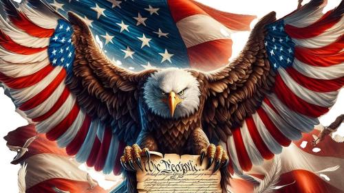 An eagle with the American flag superimposed over its spread wings and the declaration of ind 1