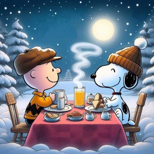 snoopy breakfast outside in the snow