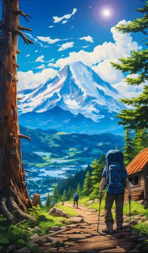 Man Hiking with Backpack to Snowy Nature Mountain Peak