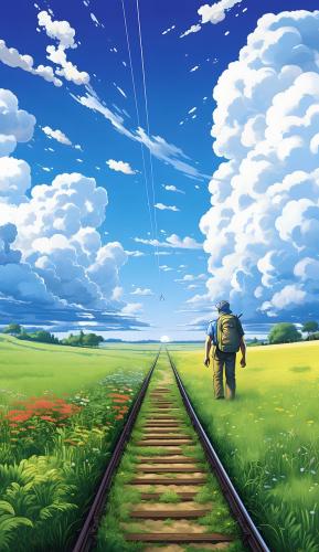 Man Hiking along Railroad Tracks in Nature