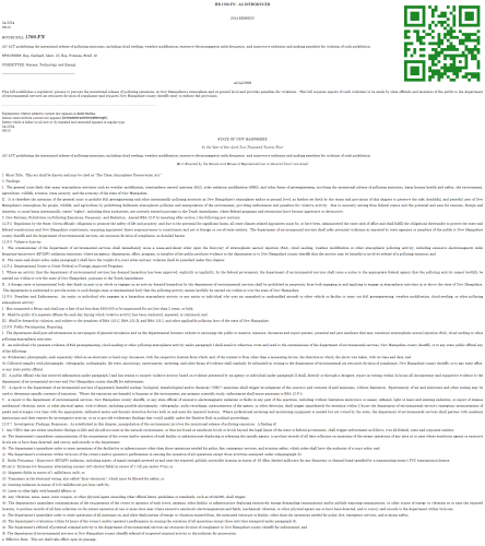 New Hampshire House Bill 1700 a.k.a. The Clean Atmosphere Preservation Act That Bans Cloud Seeding & Weather Modification