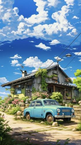 Old car in rural home