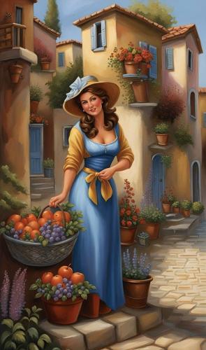 Woman in City with Fruit Basket