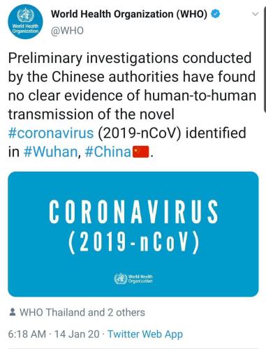 No Covid 19 human transmission per WHO