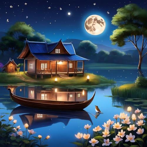 Evening on the Lake Boat and Hut