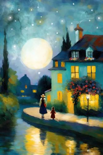 Woman and Daughter at night in suburbia
