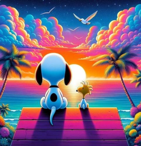 Snoopy and Woodstock watching sunset