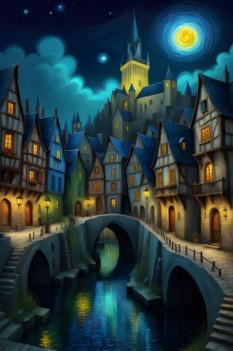 Night in the city by the river