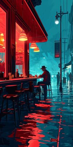 Man at outdoor rainy cafe