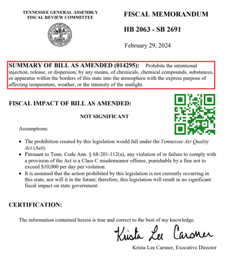 Tennessee Senate Bill 2691 - Amendment To Tennessee Air Quality Act To Ban Chemically Induced Geoengineering