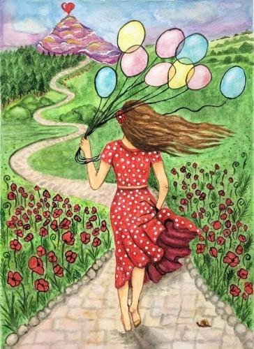 Woman in red with ballons in nature