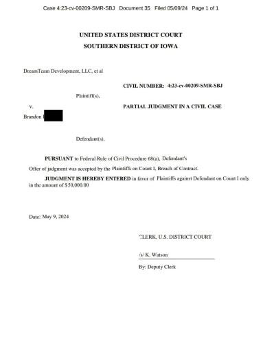 Judgment entered in favor of Wimkin