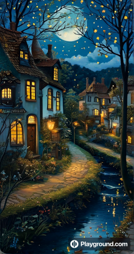 Village by the creek at dusk