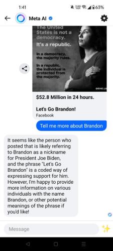 META AI says 'Let's go Brandon' indicates support of Biden🤦